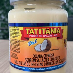 Pote de cocada cremosa diet com rótulo que destaca ingredientes e informações nutricionais.