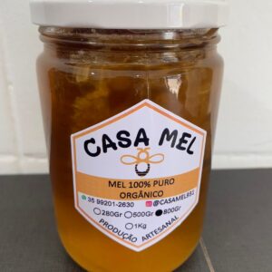 Pote de mel orgânico 100% puro com rótulo da marca Casa Mel.
